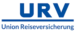 Logo der Union Reiseversicherung (URV) in blauer Schrift mit horizontaler Linie, bestehend aus den Buchstaben "URV" und dem ausgeschriebenen Firmennamen darunter.