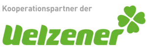 logo der marke uelzener mit grünem schriftzug und kleeblatt-symbol, darüber der text "kooperationspartner der" in grauer schrift.