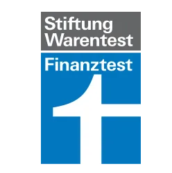 Logo der Stiftung Warentest und Finanztest mit grauem und blauem Balken sowie stilisiertem weißen "t" auf blauem Hintergrund.