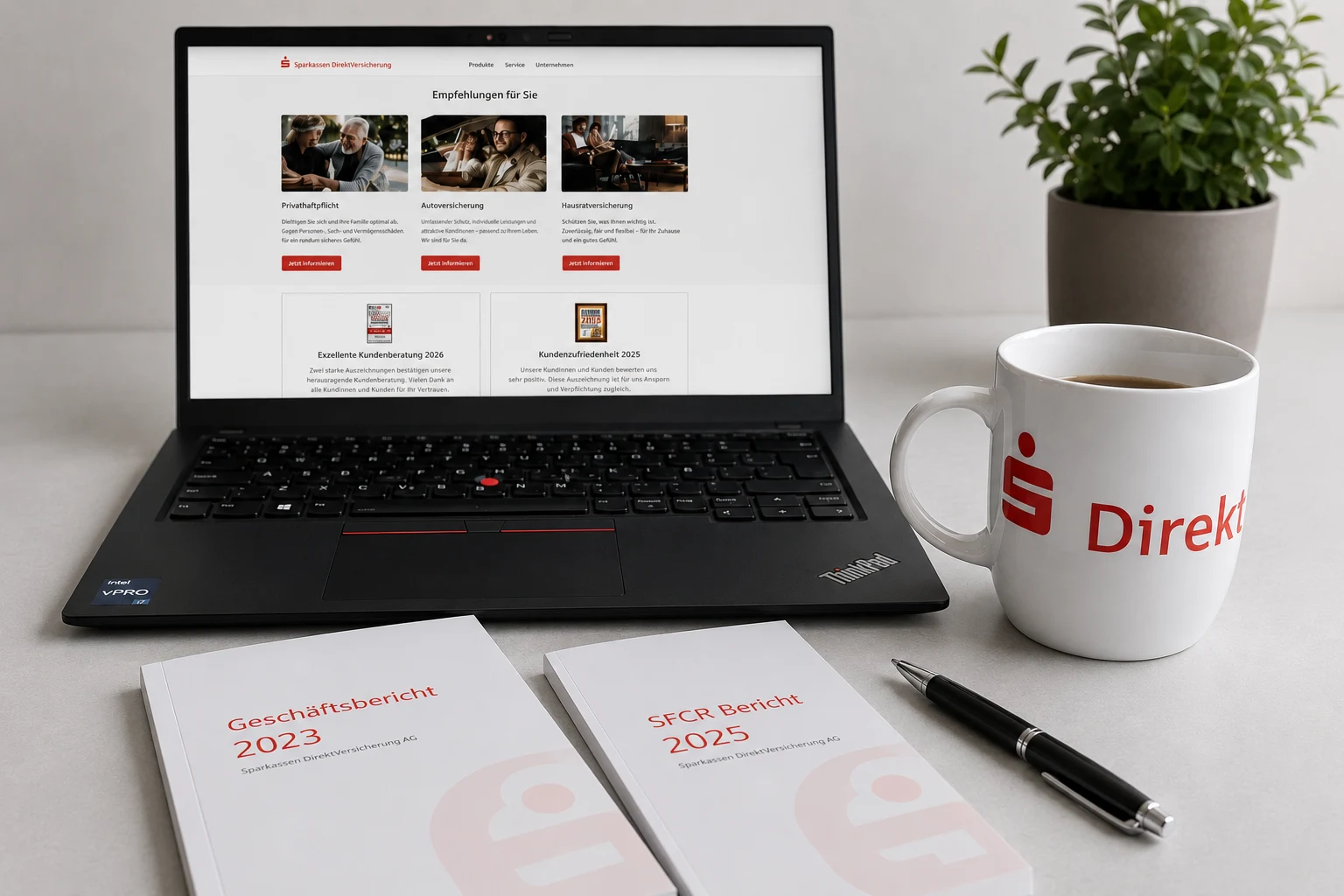 Bild mit Laptop, auf dem die S-Direkt Site geöffnet ist. Im Vordergrund liegen der Geschäftsbericht 2023 und der SFC-Bericht 2025. Neben dem Laptop stehen eine Pflanze und eine Tasse mit dem S-Direkt Logo.