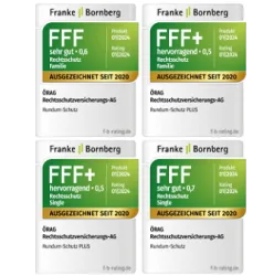 Vier Auszeichnungsplaketten zeigen FFF+ und FFF Bewertungen für Franke und Bornberg Versicherungen mit dem Zusatz "AUSGEZEICHNET SEIT 2020" in grünen und grauen Farbtönen.