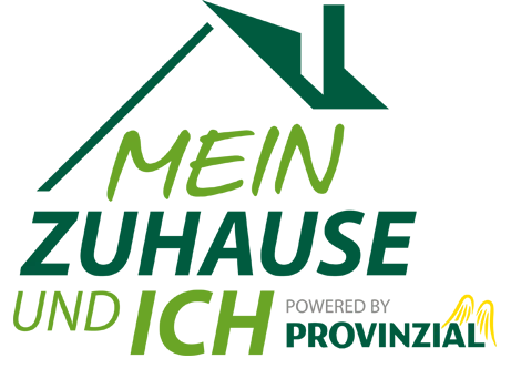 Logo mit Haussilhouette und Schriftzug "Mein Zuhause und ich powered by Provinzial" in grünen und dunkelblauen Farben für eine Immobilien- oder Versicherungskampagne.