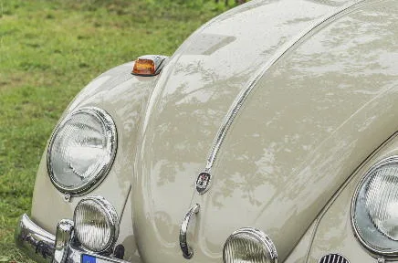Beiger VW Käfer Oldtimer mit Patina und Chromzierleiste auf der Motorhaube, stehend auf einer Wiese mit Gras im Hintergrund.